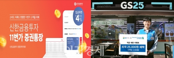 11번가(왼쪽)는 10월26일 신한금융투자와 ‘신한금융투자 11번가 증권통장’을 출시했다. GS리테일은 10월19일 SC제일은행과 GS리테일 전용 앱 ‘더팝(구 나만의냉장고)’을 통해서만 가입 할 수 있는 ‘퍼스트가계적금’을 선보였다. 사진=각 사