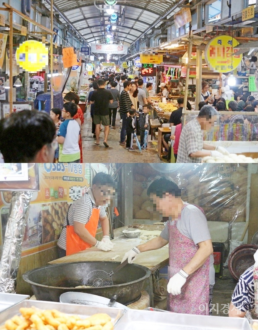 OK 마담의 배경이자 영천 시장 명물인 꽈배기집(왼쪽). 평소 이곳에서는 (오른쪽부터)아버지와 아들이 밀려드는 주문에 항상 손을 바삐 움직인다. 코로나19 정국 전인 2018년 여름 평일 모습이다. 사진=문룡식 기자
