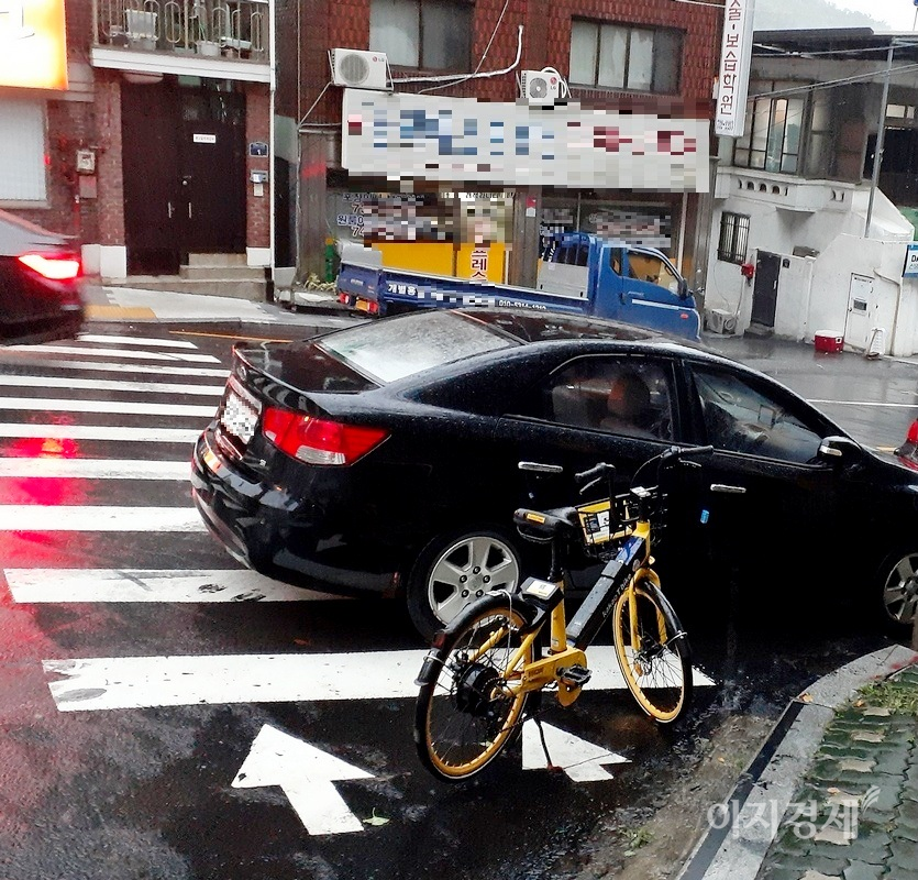 (위부터)카카오자전거는 아파트 단지와 횡단보도 등 어디에서나 볼 수 있다. 사진=이민섭 기자