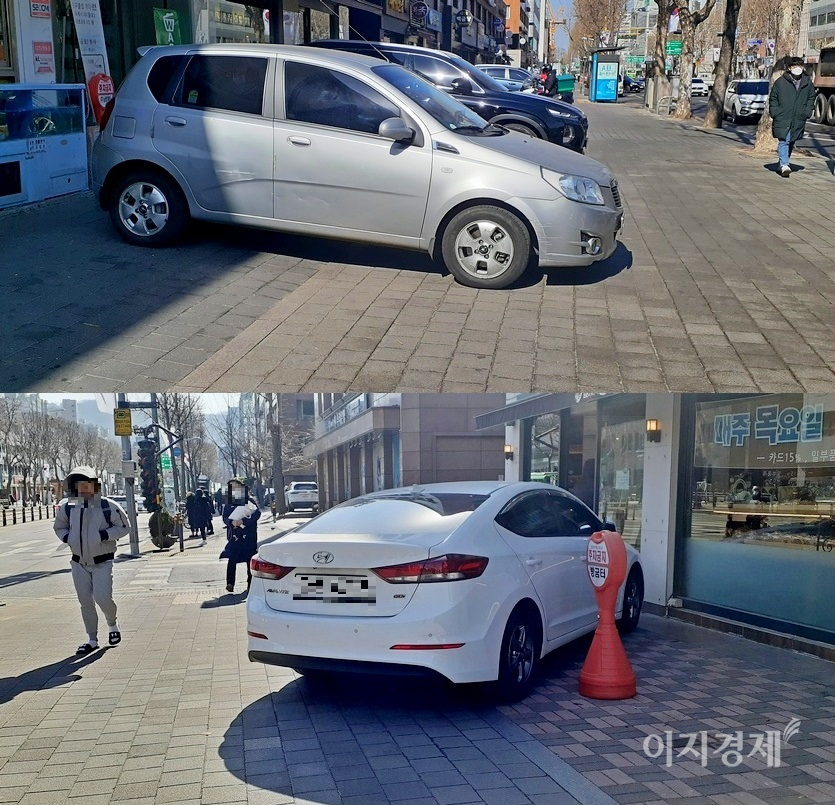 사유지와 인도에 걸친 주정차도 과태료 대상이다. 사진=문룡식 기자