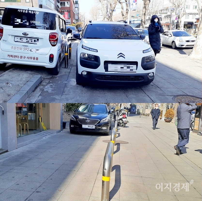 일부 건물은 아예 사유지와 인도를 구분했다. 사진=문룡식 기자