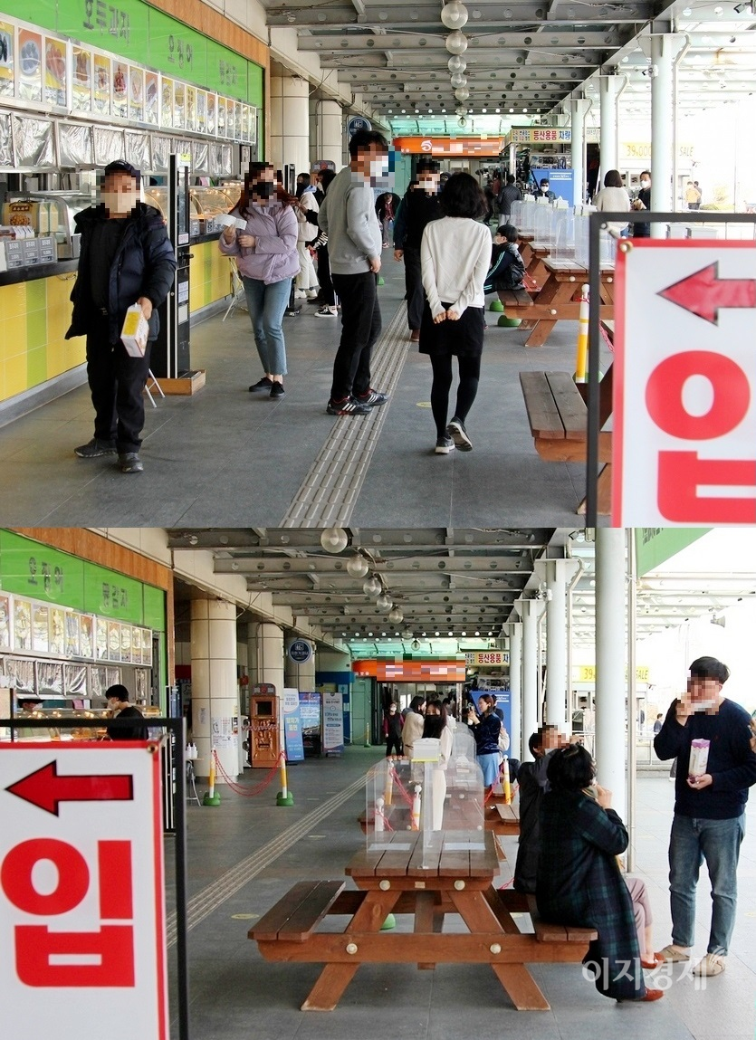 서해안 고속국도 목포방향 고창고인돌 휴게소 정오께. 남도를 찾은 여행객들이 휴게소 바깥에서 주전부리로 요기를 하고 있다. 사진=김보람 기자