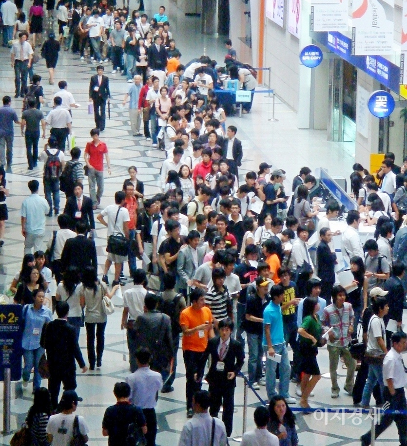 코로나19 확산에 따른 기업의 채용 축소 영향 등으로 구직자들이 희망연봉을 낮춘 것으로 조사됐다. 코로나19 전인 2019년 서울 코엑스에서 열린 취업박람회장에 들어가기 위해 취준생들이 길게 줄지어 있다. 사진=문룡식 기자