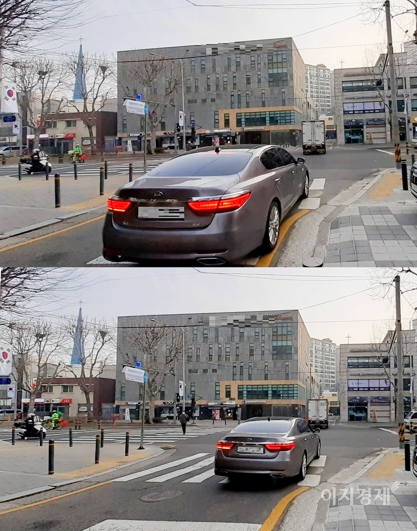 서울시 서초구 방배로 방배본동 구간. 방배로 37길 현대아파트에서 서래마을로 가는 사거리에 CU 차량이 횡단보도를 침범해 서 있다. 이곳은 비보호 좌회전 구간으로 직진은 안된다. CU 차량이 불법으로 직진하고 있다. CU차량이 목적지에 가려면 이곳에서 우회전해서 100미터 정도 떨어진 함지박 사거리에서 좌회전을 해야한다. CU 차량은 사흘에 한번 꼴로 같은 행위를 반복하고 있다. 사진=양지훈 기자