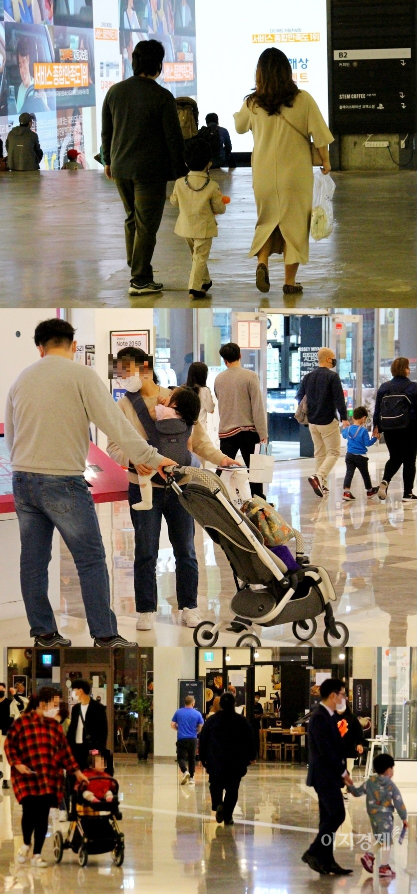 아이들은 코로나19 안걸린다? 같은 날 오후 서울 강남의 한 복합쇼핑몰 모습이다. 이아를 동반한 가족 나들이가 이지경제 카레라에 자주 잡혔지만, 대부분 아이들은 마스크를 하지 않았다. 사진=김보람 기자