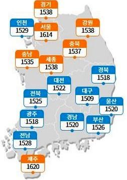 이 시각 현재 시도별 평균 휘발유 가격. 사진=한국석유공사