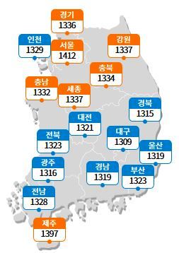 이 시각 현재 시도별 평균 경유 가격. 사진=한국석유공사