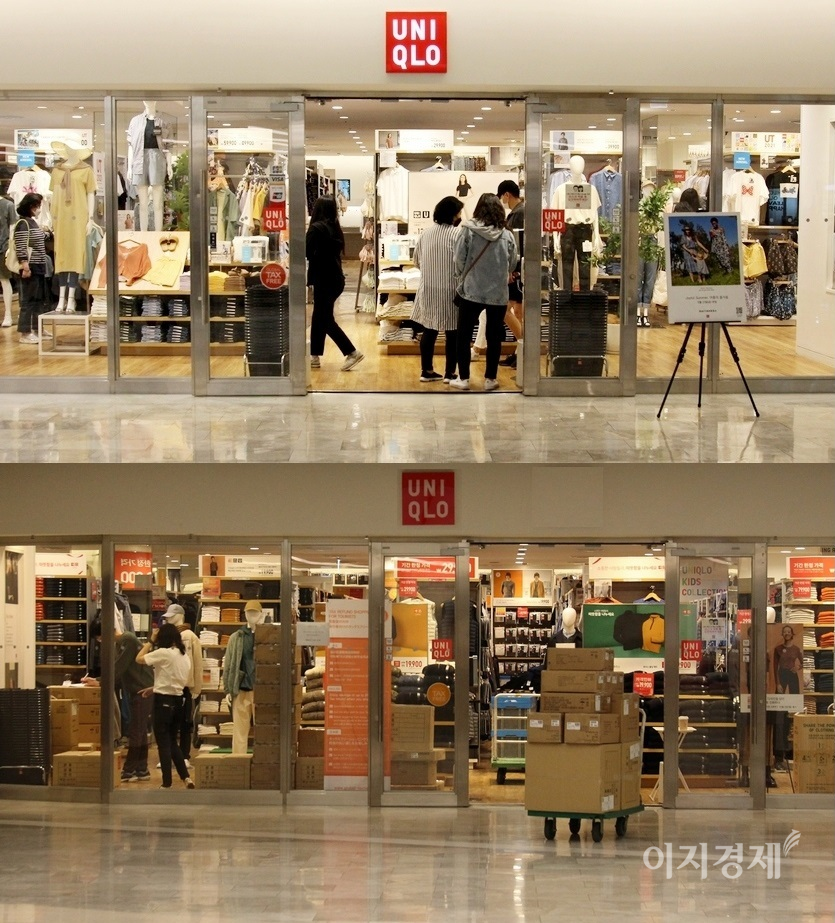 코엑스 유니클로의 (위부터)지난 주말 모습과 지난해 12월 21일 모습. 지난해 말에는 일요일이지만 직원만 보인다. 사진=정수남 기자