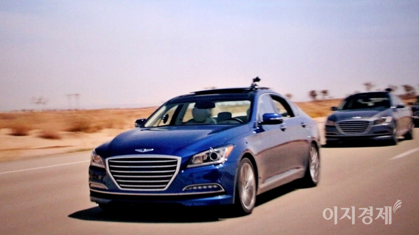 현대차는 자율주행차량으로 미래 모빌리티를 선점한다는 복안이다. 제네시스 자율주행차의 미국 주행 장면. 사진=정수남 기자