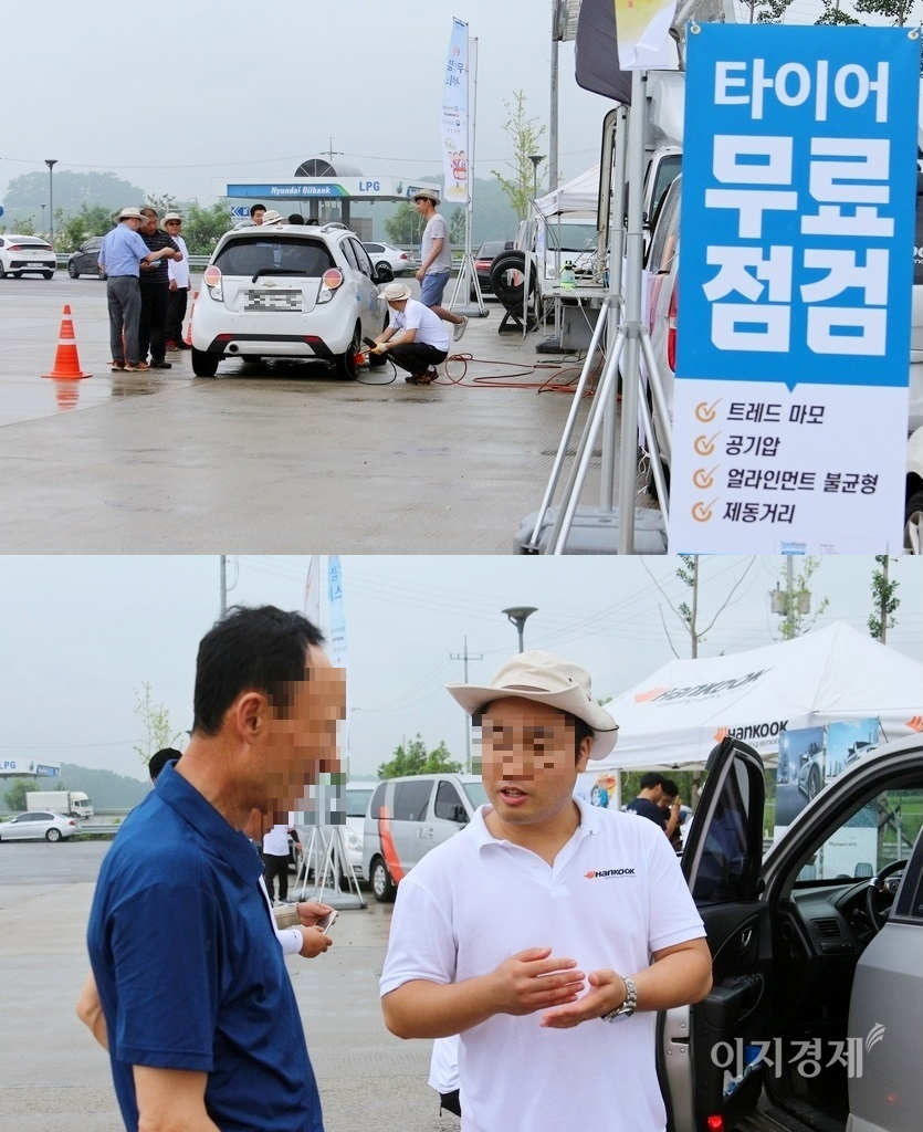 국내 타이어 업계가 매년 실시하고 있는 타이어 무상안전점검 캠페인을 코로나19 확산 방지를 위해 지난해에 이어 올해도 진행하지 않는다. (위부터)코로나19 정국 이전인 2019년 여름 휴가철 타이어 안전점검 장면, 한국타이어 기술진이 고객에게 올바른 타이어 사용법을 전달하고 있다. 사진=정수남 기자