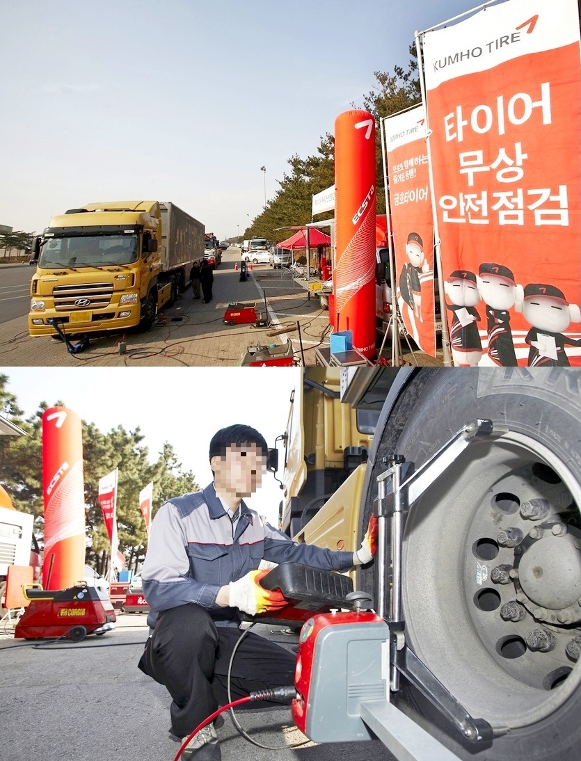 금호타이어 등 국산 타이어 3사는 협회와는 별도로 타이어 안전점검을 펼친다. 금호타이어의 트럭버스타이어 안전점검 장면. 사진=정수남 기자