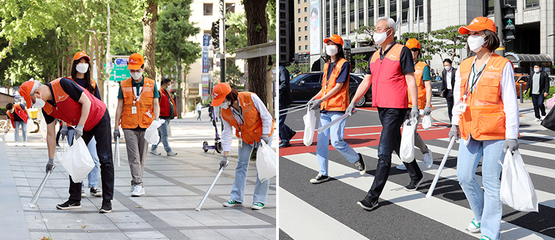 지난 6월4일 서울 중구 SK서린사옥 인근에서 산해진미 플로깅에 참여한 김준 총괄사장. 사진=SK이노베이션