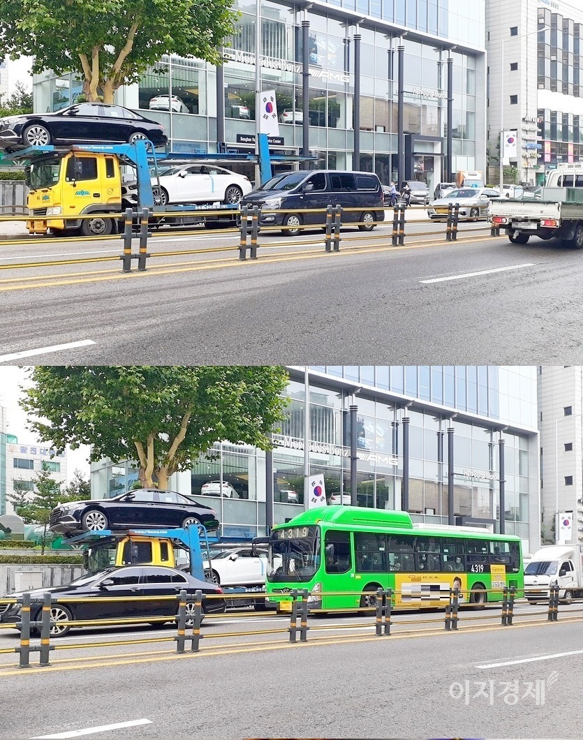 서울 서초구 방배로 편도 3차선 도로에 벤츠를 실은 카캐리어가 멈췄다. 벤츠의 공식 딜러 한성모터스 전시장 앞이다. 직선 2개 차로 중 1개 차로를 카캐리어가 차지해 교통 정체가 발생했다. 사진=정수남 기자
