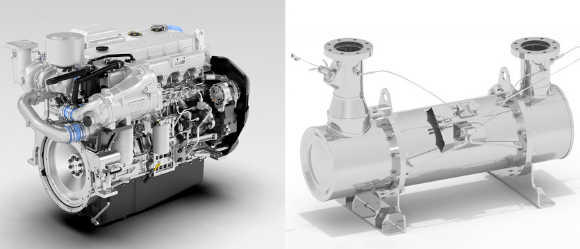 현대두산인프라코어가 최신 전자식 선박엔진을 출시했다. (왼쪽부터)전자식 선박엔진 DX12와 유해물질 배출 차단 기술이 적용된 SCR 머플러. 사진=현대두산인프라코어