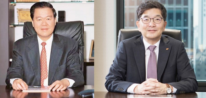 SK지오센트릭 (오른쪽부터)나경수 사장과 APP그룹 황즈위엔 회장이 온라인으로 협약을 체결하고 있다. 사진=SK지오센트릭