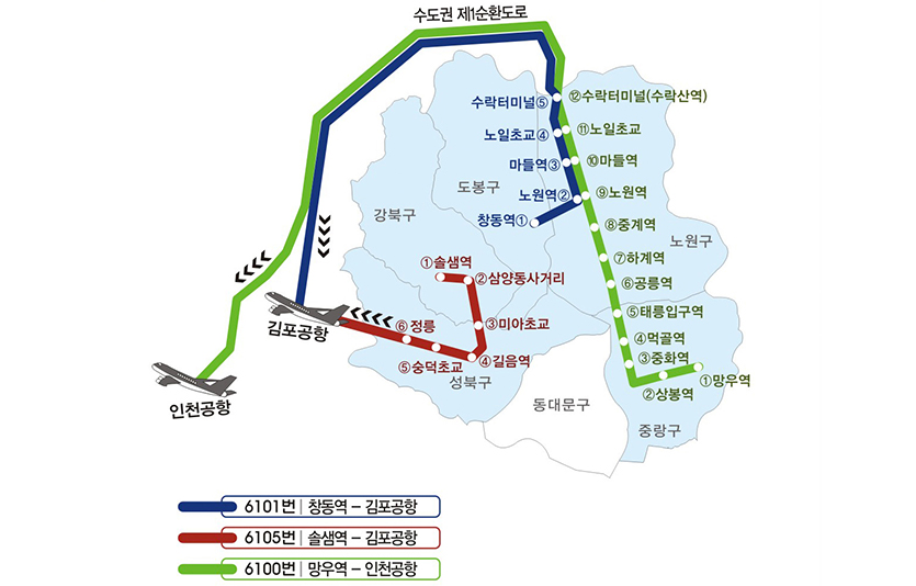 리무진버스 6105번, 6101번, 6100번 노선도. 사진=한국도심공항 제공