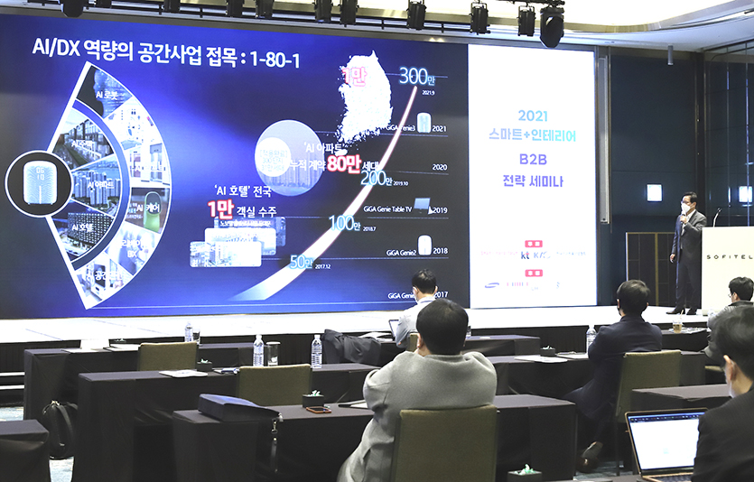 KT가 스마트+인테리어 B2B 전략 세미나를 개최했다. 이 자리에서 배철기 KT AI·DX B2B 사업담당 상무는 KT의 AI·DX 스페이스 사업 전략을 발표했다. 사진=KT