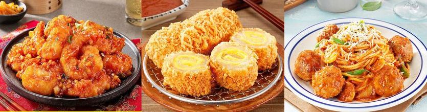 프레시지의 인기 퓨전 밀기트. (왼쪽부터)깐쇼 새우, 어묵 치즈카츠, 미트볼 파스타. 사진=프레시지