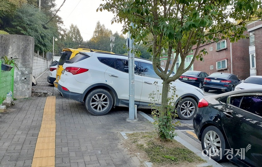 구청이 일렬 세로주차 구획선을 그렸지만, 주민들이 가로주차를 하면서 인도가 막혔다. 사진=정수남 기자