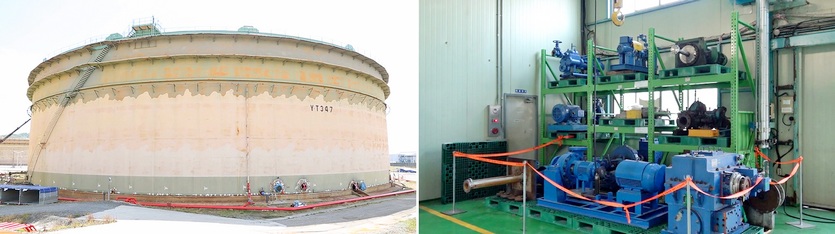 (왼쪽부터)울산CLX의 원유저장탱크, 울산CLX에서 철거된 설비. 사진=SK이노베이션(왼쪽부터)울산CLX 공장 설비 파이프 표면에서 기존 보온재(펄라이트)를 뜯어내고 있다. 뜯어낸 보온재(펄라이트). 사진=SK이노베이션