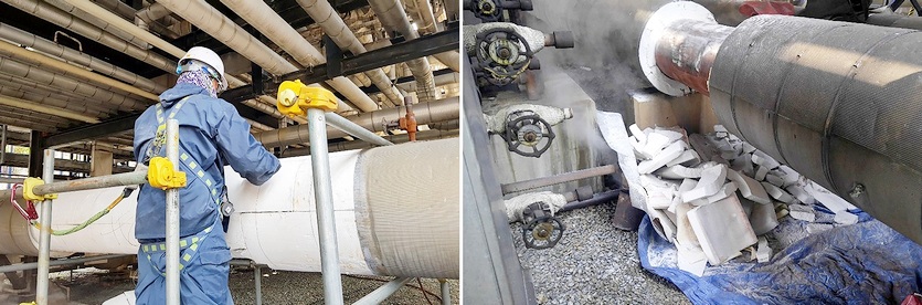 (왼쪽부터)울산CLX의 원유저장탱크, 울산CLX에서 철거된 설비. 사진=SK이노베이션(왼쪽부터)울산CLX 공장 설비 파이프 표면에서 기존 보온재(펄라이트)를 뜯어내고 있다. 뜯어낸 보온재(펄라이트). 사진=SK이노베이션