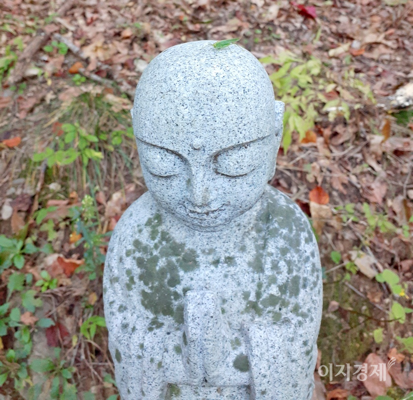 때를 잊은 메뚜기가 석상을 지키고 있는 듯 하다. 사진=김진이 기자