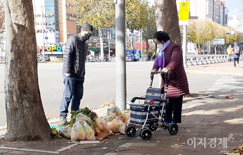 인근 노점에서 다른 노인은 간이 짐수레를 끌고 흥정하고 있다. 사진=정윤서 기자