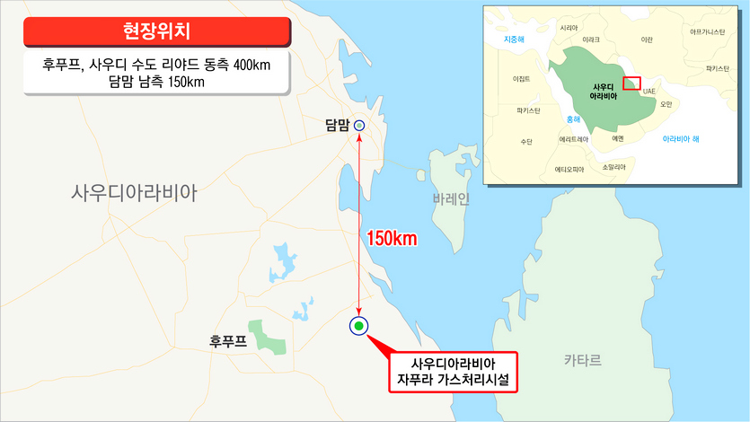 현대건설과 현대엔지니어링이 사우디아라비아 국영석유회사 아람코로부터 2조원 규모의 초대형 가스플랜트 건설 프로젝트를 수주했다. 공사 현장 위치. 사진=현대엔지니어링