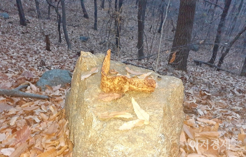 경기도 성남시 중원구에서 검단산으로 오르는 슾 속에서다. 녹슨 괭이가 작은 바위 위에 놓였다. 등산로를 개척하거나, 약초 채취 등에 쓰인듯하다. 사진=김진이 기자