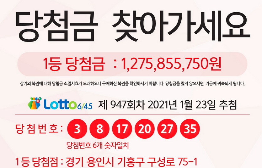 로또복권 947회차 1등 당첨금 12억7585만5750원이 미수령 상태다. 사진=동행복권