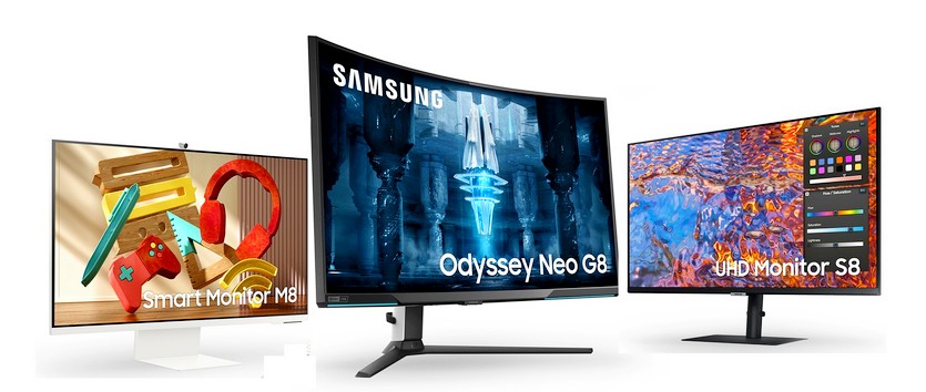 삼성전자는 전용 카메라를 탑재해 사용 편의성을 극대화한 (왼쪽부터)스마트 모니터 M8,  게이밍 모니터 오디세이 네오 G8, 그래픽 작업용 고해상도 모니터 S8 등을 선보인다. 사진=삼성전자