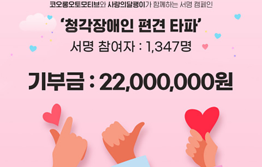 코오롱오토모티브는 청각장애인을 지원하는 사단법인 사랑의달팽이에 청각장애인의 편견 타파를 위한 서명 캠페인을 통해 2200만원을 기부했다. 사진=코오롱오토모티브