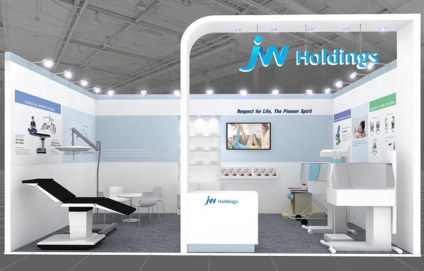 JW홀딩스는 이달 24일부터 나흘간 아랍에미리트(UAE) 두바이에서 열리는 ‘2022 UAE 두바이 의료기기 전시회(아랍헬스 2022)’에 참가해 JW그룹의 의료기기와 헬스케어 제품을 글로벌 시장에 선보인다. JW홀딩스 아랍헬스 2022 독립부스 이미지. 이미지=JW홀딩스