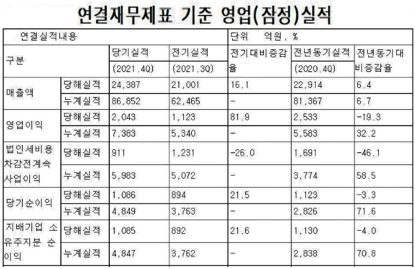 대우건설 2021년 경영 실적(잠정). 자료=금융감독원