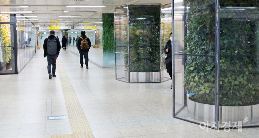 서울지하철 7호선 청담역에 가면 이 같은 고단함이 다소 덜어진다. 서울교통공사가 청담역을 자연 친화적으로 최근 바꿔서다. 청담공원 앞 사거리부터 경기고 사거리까지 650여미터의 지하 통로 벽과 기둥에 식물을 심었다. 종전 콘크리드 벽보다 행인의 고단함을 달래주는 정도가 탁월하다. 사진=정윤서 기자