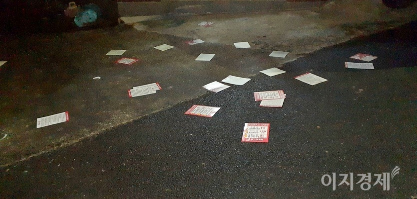 이번 대선에 나선 한 후보자가 자시의 공약을 담은 전단지를 주택가 골목에 무자비하게 뿌렸다. 사진=정수남 기자