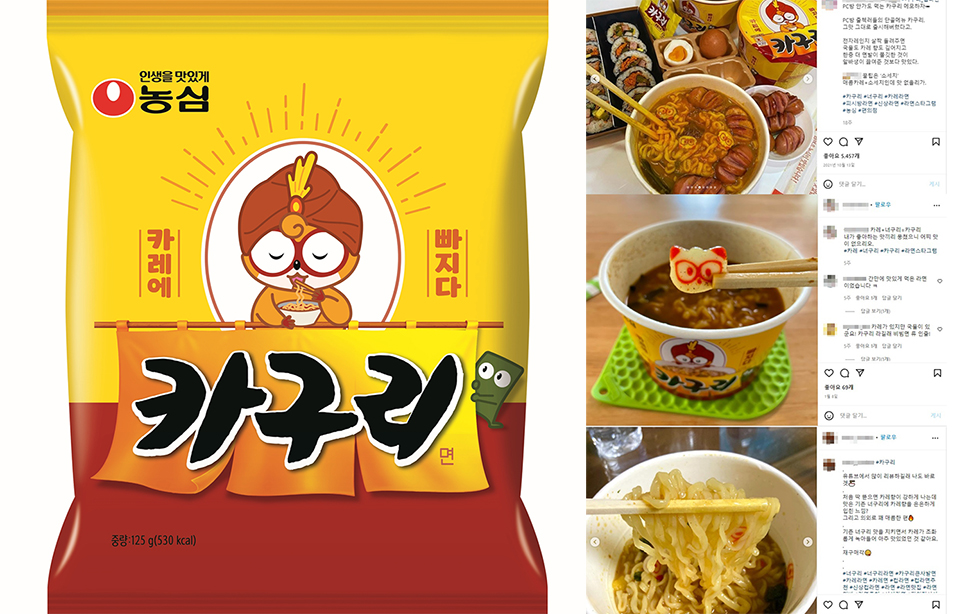 소비자들이 만든 조리법을 구현한 농심 카구리(카레+너구리)가 용기면에 이어 봉지라면으로  출시된다. 사진=농심