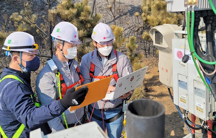권준혁(가운데) LG유플러스 네트워크부문장이 동해시 어달동 산불피해 현장을 방문해 화재가 난 기지국과 중계기 등을 점검하고 있다. 사진=LG유플러스