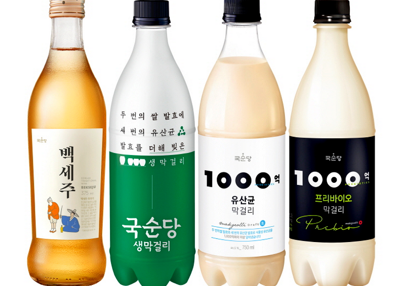 국순당의 (왼쪽부터)백세주, 국순당 생막걸리, 1000억 유산균 막걸리, 1000억 프리바이오 막걸리 등이 대한민국 주류대상에서 각 부문 대상을 받았다. 사진=국순당