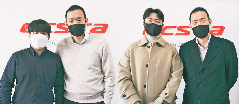 김진표 감독이 (왼쪽부터)이찬준 선수, 이창욱 선수와 기념사진을 찍고 있다. 사진=금호타이어