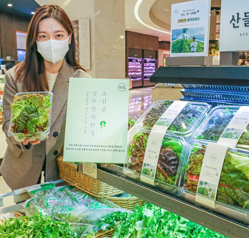 경기도 성남시 현대백화점 판교점 식품관 직원이 친환경 새벽 쌈채소를 선보이고 있다.​​ 사진=현대백화점