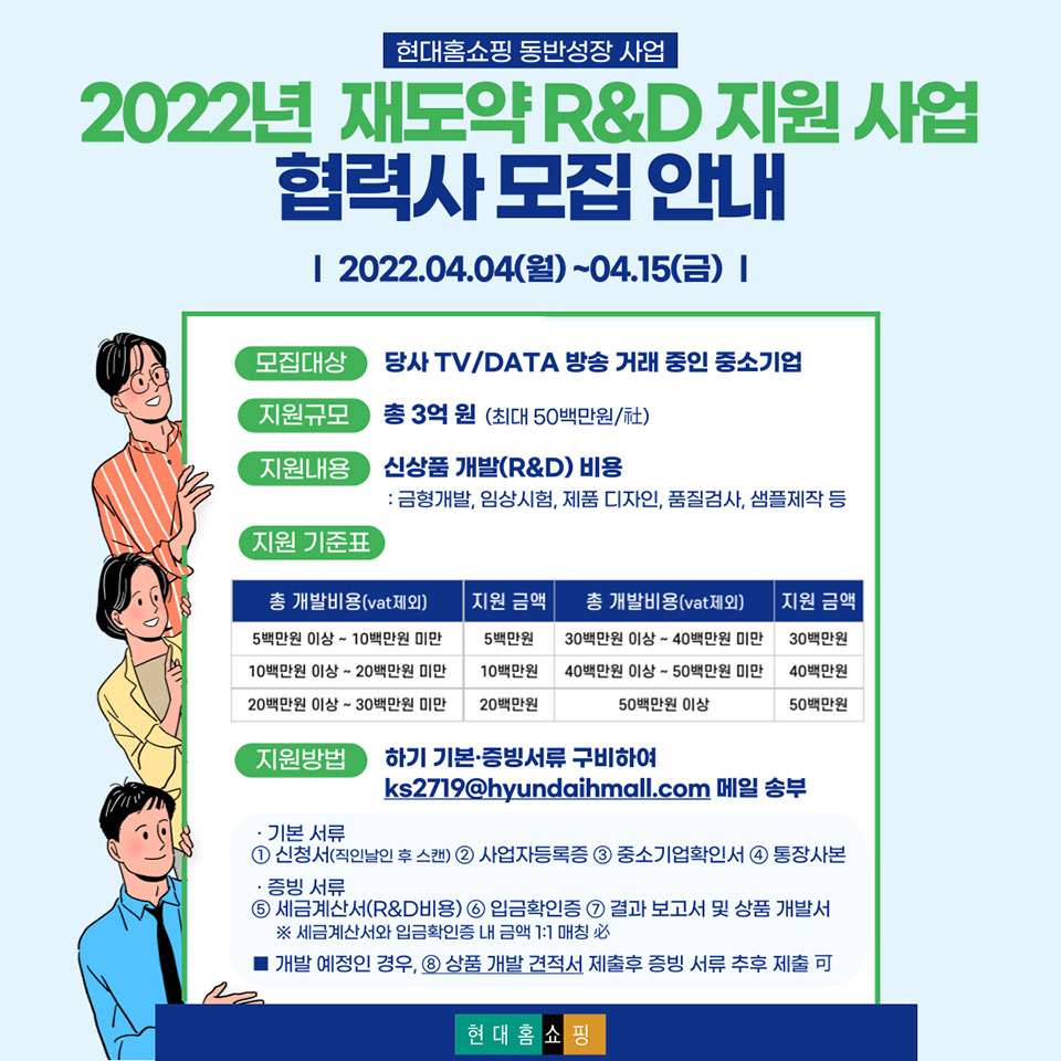 현대홈쇼핑은  중소협력사를 대상으로 총 3억원 규모의 R&D 비용을 지원하는 ‘재도약 R&D 지원사업’ 대상 업체 모집한다. 이미지=현대홈쇼핑
