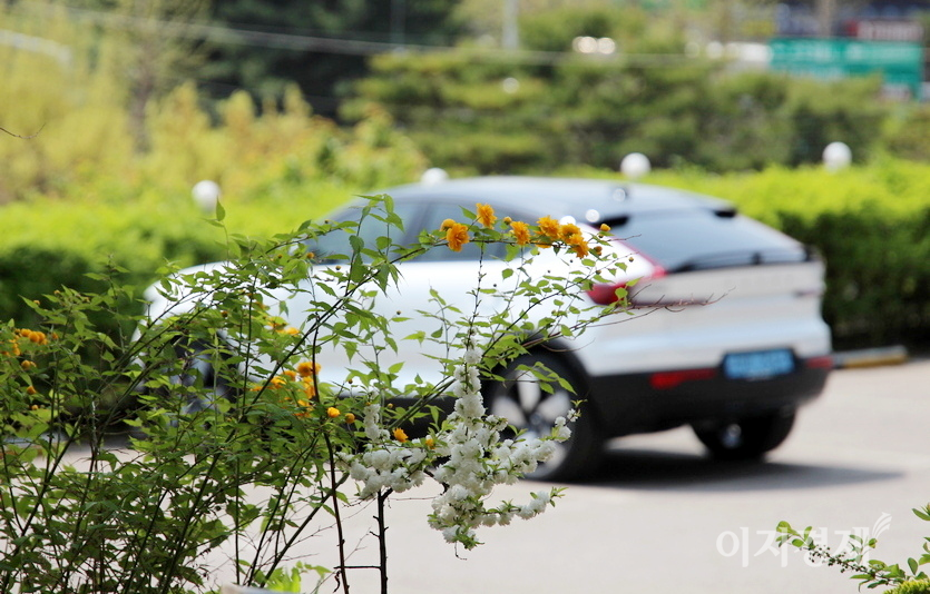 꽃과 C40 리차지를 아웃포커스(배경을 흐리게)로 잡았다. 사진=정수남 기자