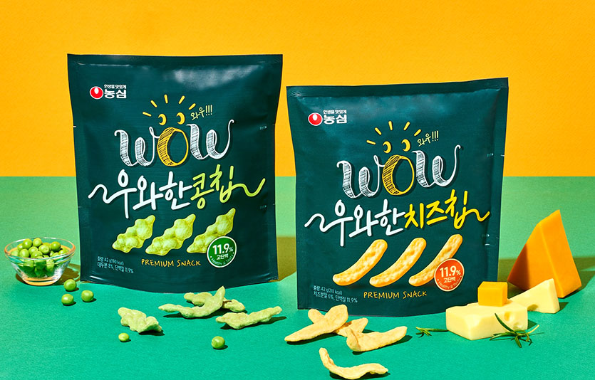 농심이 고단백 스낵 ‘우와한 콩칩’과 ‘우와한 치즈칩’을 선보인다. 사진=농심