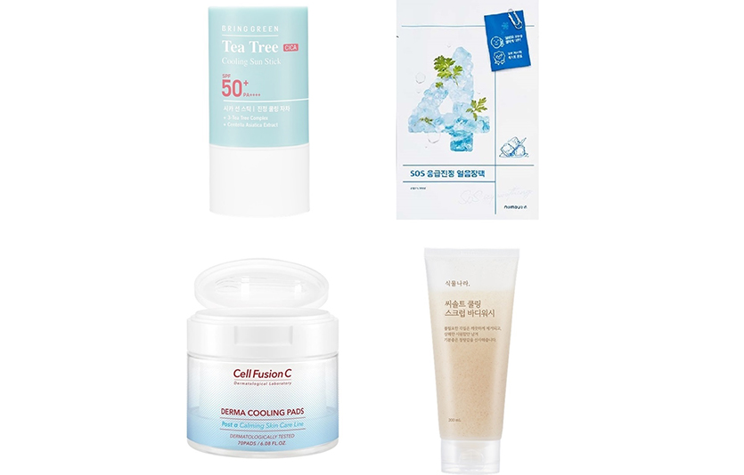 (왼쪽 상단부터 시계 방향) 브링그린 티트리시카 쿨링 선스틱, 넘버즈인 4번 SOS 응급진정 얼음장팩, 식물나라 씨솔트 쿨링 스크럽 바디워시, 셀퓨전씨 포스트 알파 쿨링 패드. 사진=CJ올리브영