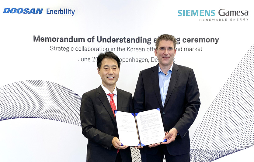 두산에너빌리티가 글로벌 해상풍력 1위인 지멘스가메사(SGRE)와 국내 해상풍력시장에서 전략적 협력을 위한 업무협약(MOU)을 체결했다.