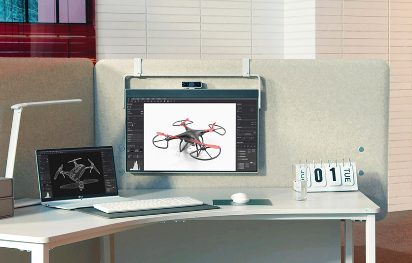 LG 리베로 모니터를 전용 악세서리를 활용해 파티션에 걸어 사용하고 있는 모습. 사진=LG전자