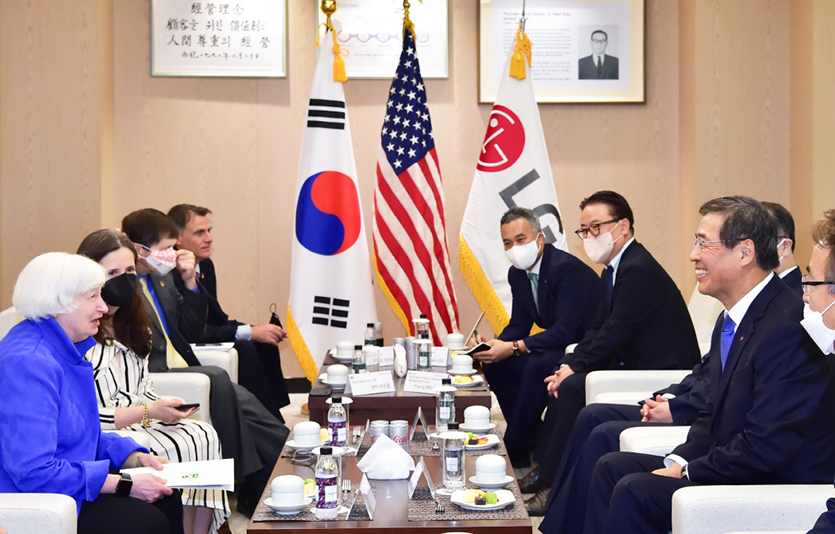 재닛 옐런 미국 재무장관은 19일 방한 첫 일정으로 서울 강서구 LG화학 마곡 R&D 캠퍼스를 방문했다. 사진=LG화학