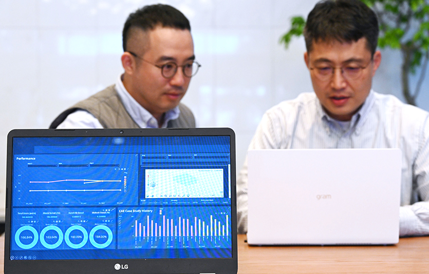 LG전자 연구원들이 ‘알테어’와 함께 개발한 AI 검증 플랫폼을 자동차 부품 개발과정에 활용하고 있다. 사진=LG전자