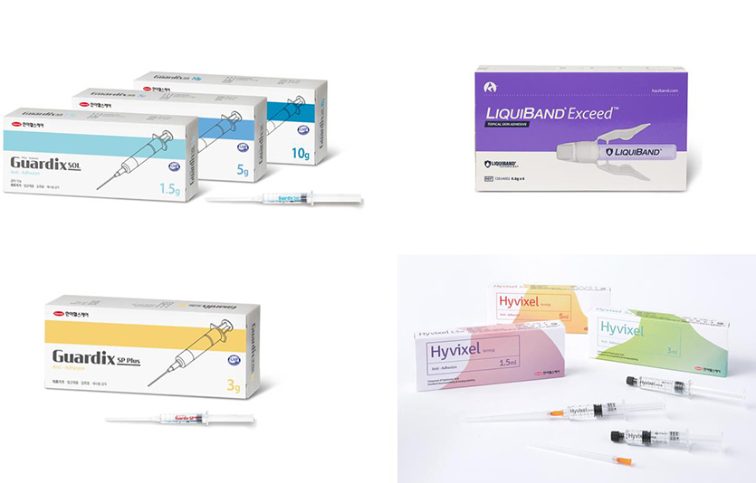 한미사이언스가 한미헬스케어 합병으로 확보하게 된 수술용 치료재료 중 매출 상위 제품들(왼쪽 상단부터 시계방향) 유착방지제 '가딕스', 수술 후 피부봉합 치료재료 '리퀴밴드', 유착방지제 '하이빅셀', 기존 가딕스의 성능을 높인 '가딕스-SP Plus'. 사진=한미약품그룹